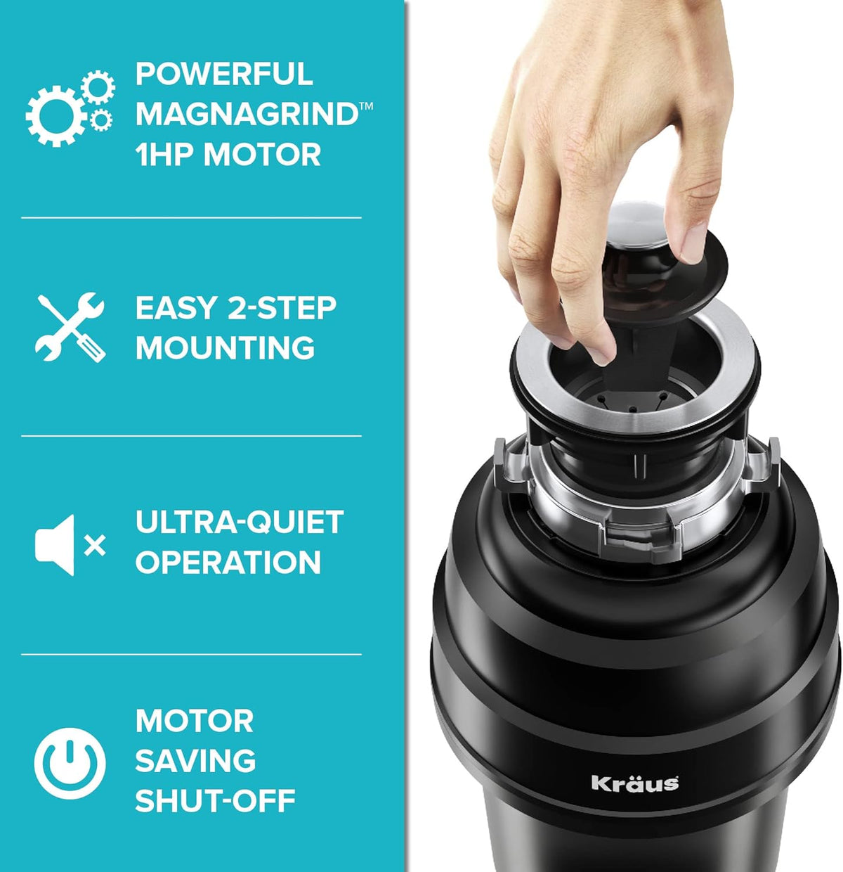 KRAUS WasteGuard 1 HP Ultra-Quiet Garbage Disposal with Quick Connect, Kitchen Sink Drain Cover