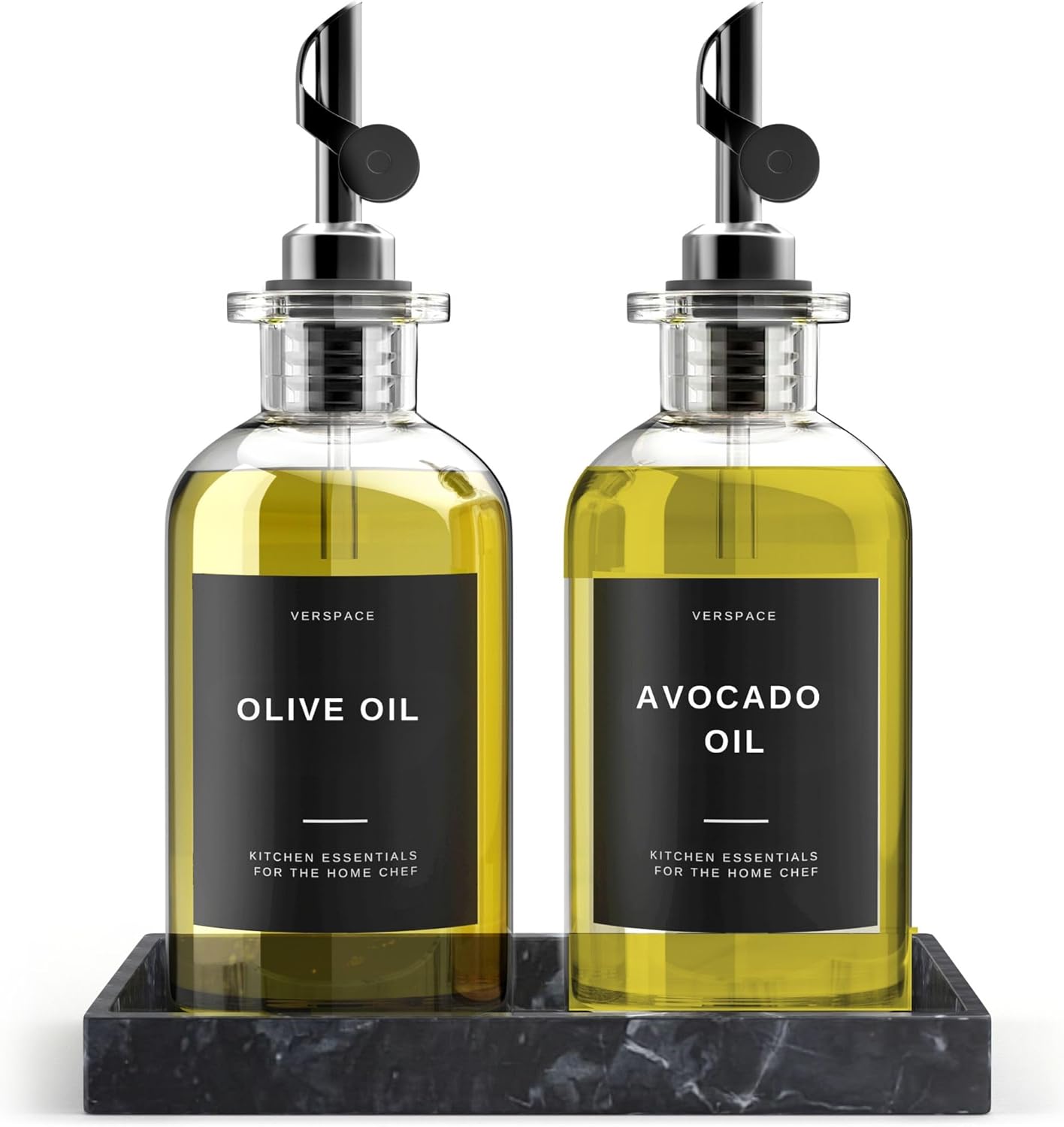 Olive Oil Dispenser Set With Silicone Tray & 40 Labels - 2 Black Bottles (500ml / 17oz) for