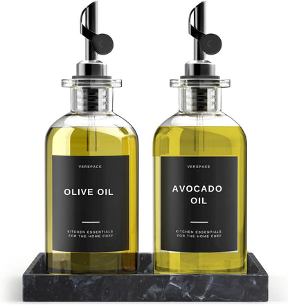 Olive Oil Dispenser Set With Silicone Tray & 40 Labels - 2 Black Bottles (500ml / 17oz) for