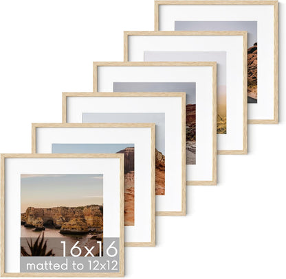 HAUS AND HUES Solid Oak Wood 16”x16” Picture Frames Matted to 12”x12” Set of 6-16x16 Gallery Wall