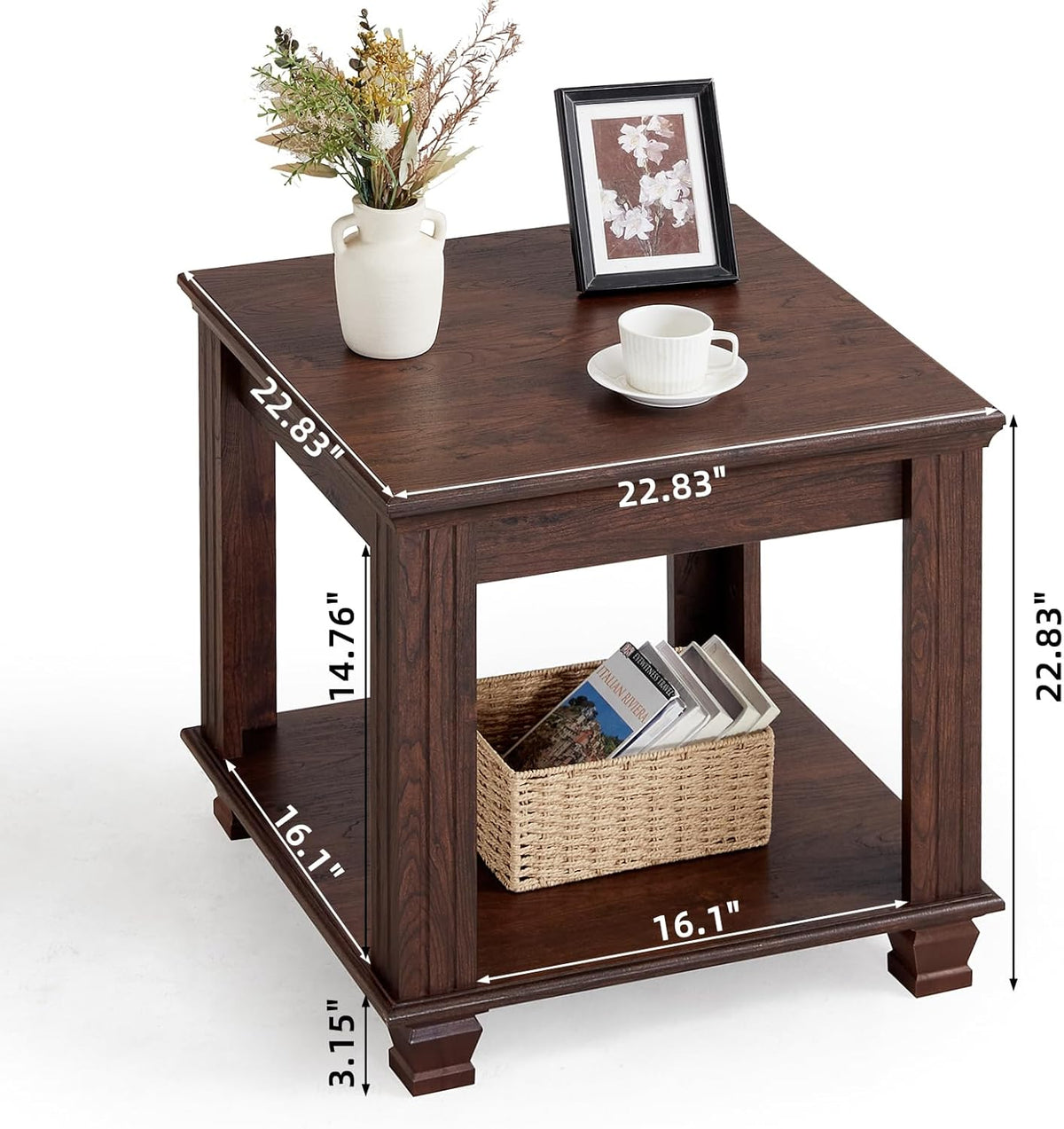 Farmhouse End Table,Large Side Table with 2-Tier Storage Shelf,Rustic Brown End Tables for Living