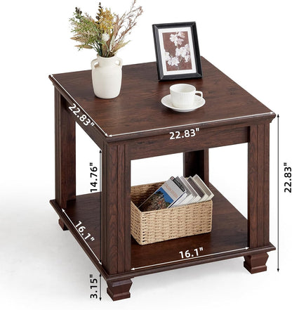 Farmhouse End Table,Large Side Table with 2-Tier Storage Shelf,Rustic Brown End Tables for Living