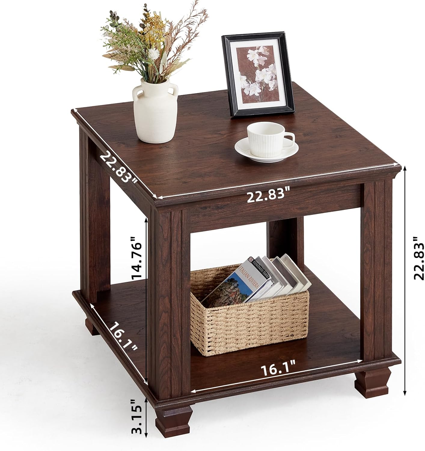 Farmhouse End Table Set of 2,Large Side Table with 2-Tier Storage Shelf,Rustic Brown End Tables for
