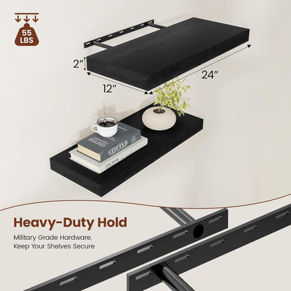 Black Floating Shelves for Wall 24 Inches Long, 12" Deep Wall Shelves 2" Thick, Heavy Duty Shelf