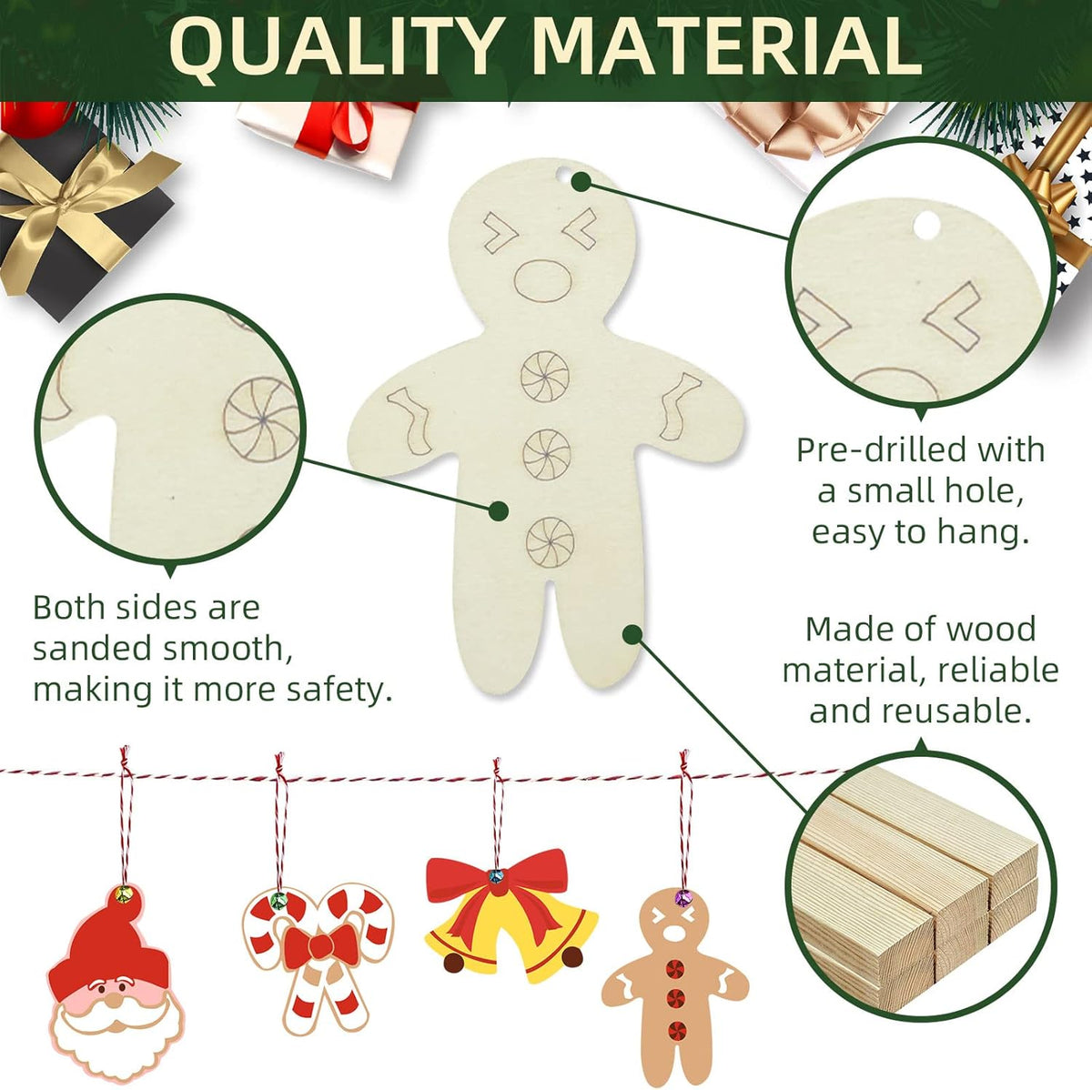 Wooden Christmas Ornaments, 176 PCS Unfinished Predrilled Wood Ornaments Set with 72 Blank Wood