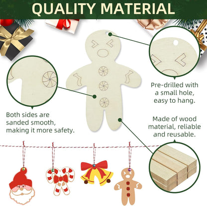 Wooden Christmas Ornaments, 176 PCS Unfinished Predrilled Wood Ornaments Set with 72 Blank Wood