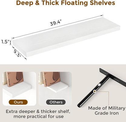 40 Inch Floating Shelves White, 40" W x 9" D Floating Shelf Set of 2, Farmhouse Wood Wall Shelves