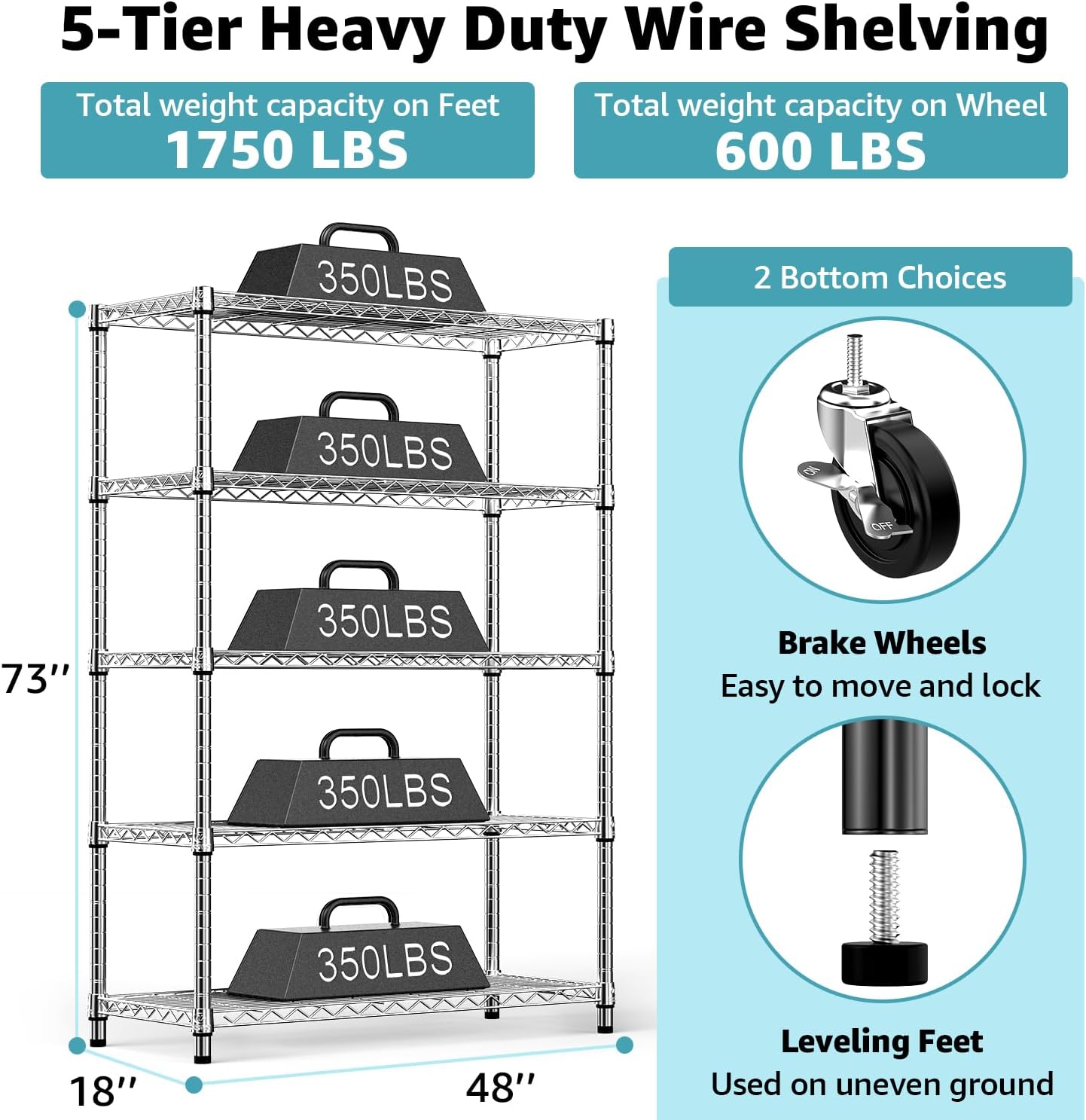 5-Shelf Storage Shelves,Wire Shelving Heavy Duty Metal Storage Shelving Unit Adjustable Garage