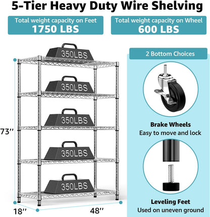 5-Shelf Storage Shelves,Wire Shelving Heavy Duty Metal Storage Shelving Unit Adjustable Garage