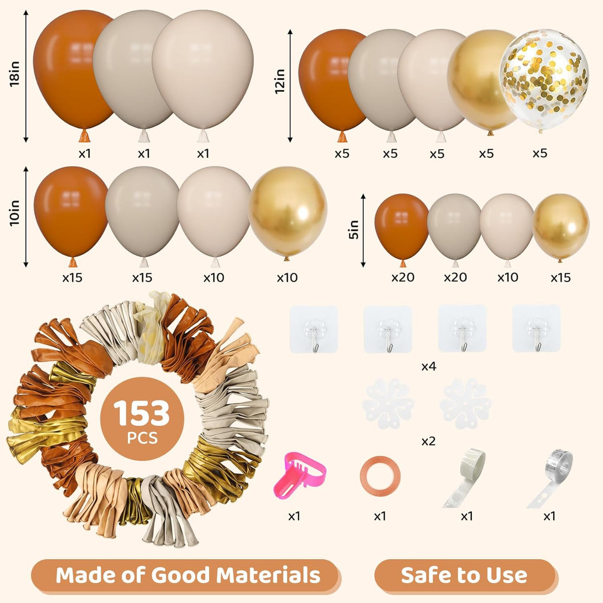 Amandir 153pcs Burnt Orange Balloon Garland Arch Kit, Different Sizes 18 12 10 5inch White Sand