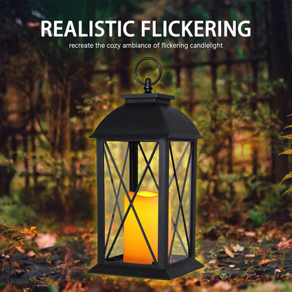 2 Pack 13-Inch Black Decorative Lantern with LED Candle, Battery Operated, Lightweight and Durable