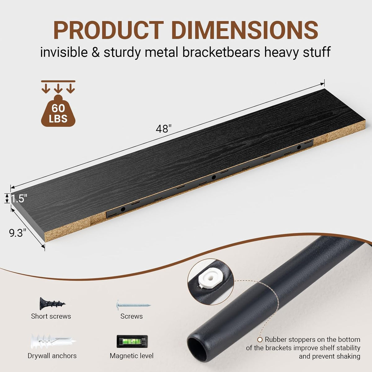 Heimlove Floating Shelves for Wall 48 Inches Long,9.3" Deep Black Floating Shelf Set of 2,Wall