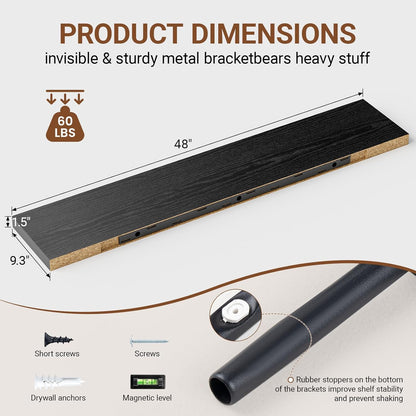 Heimlove Floating Shelves for Wall 48 Inches Long,9.3" Deep Black Floating Shelf Set of 2,Wall