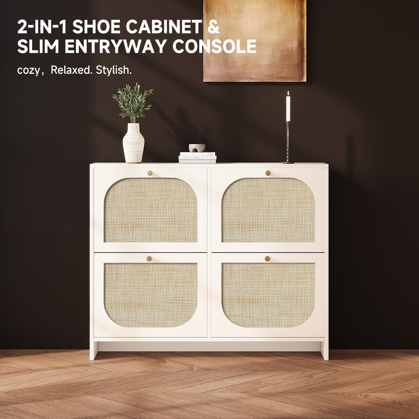 Nicetree Rattan Shoe Cabinet for Entryway, 9.5" Ultra-Thin Narrow Shoe Rack with 4 Flip Drawers