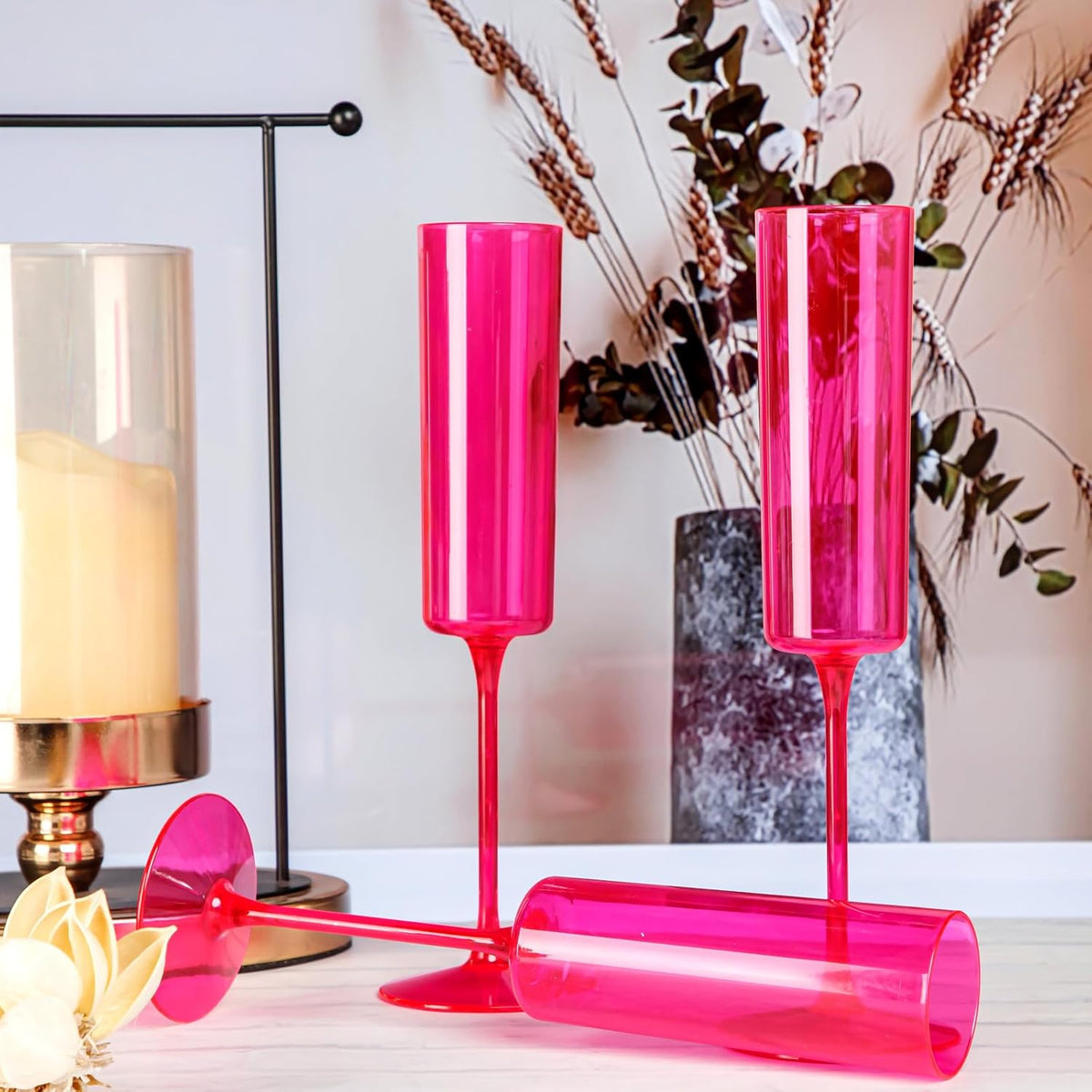 Ciaell 24 Pack Plastic Champagne Flutes - Hot Pink 6 Oz Disposable Champagne Glasses - Square