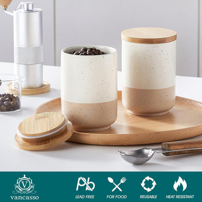 vancasso Sabine Ceramic Canister Set with Airtight Wood Lids - 4-Piece Small Kitchen Storage for