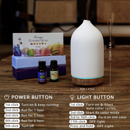 200ML Ceramic Essential Oil Diffuser - Ultrasonic Aromatherapy & Humidifier with 7-Color LED