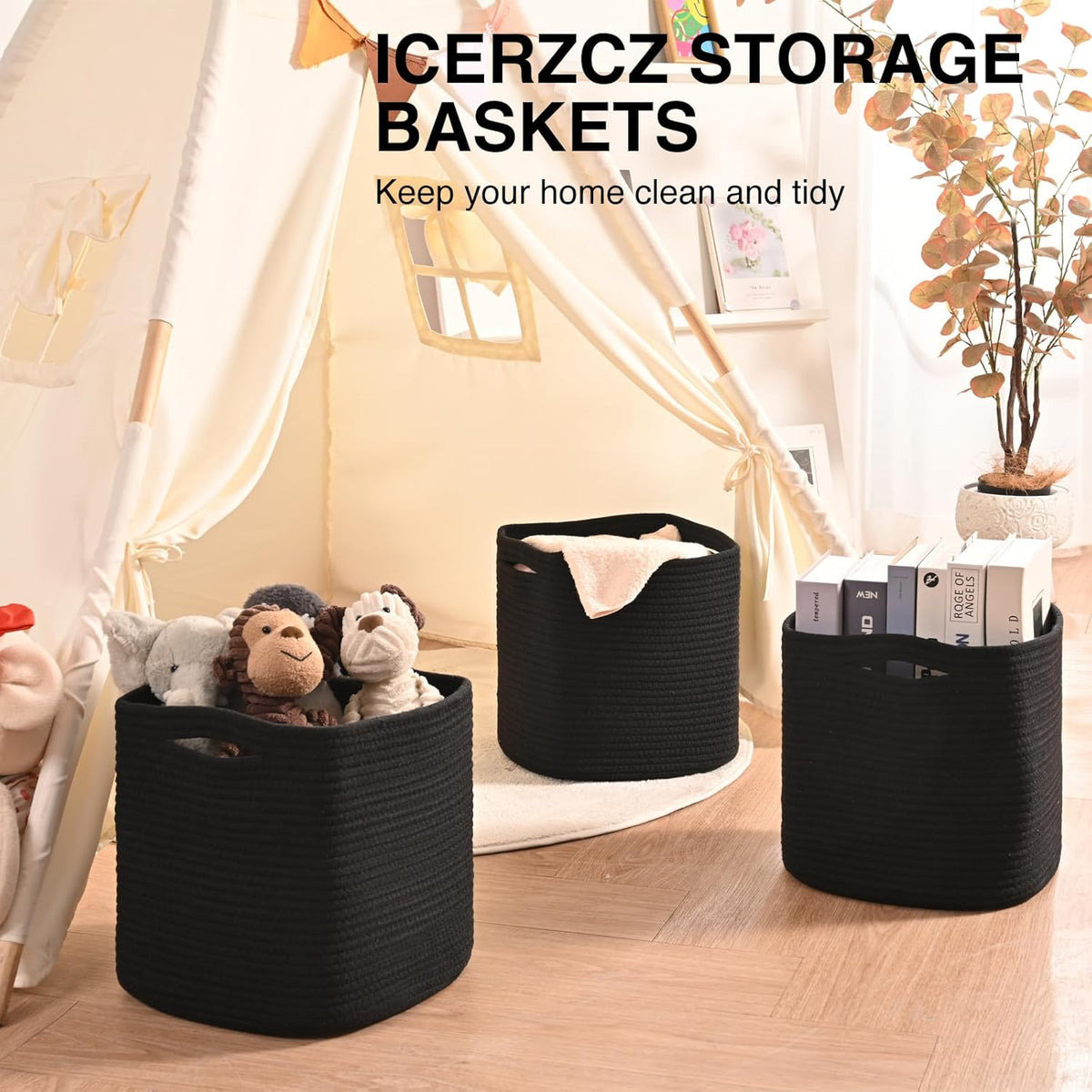 11 Inch Cube Storage Bins, Storage Cube Organizer Bins, Woven Cotton Rope Basket for Storage