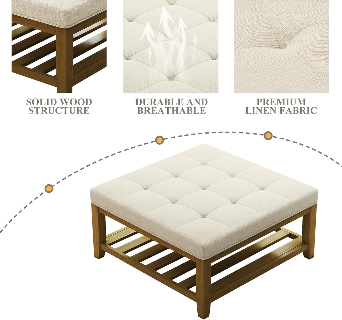 Large Square Ottoman Coffee Table, Linen Solid Upholstered Footrest Ottoman with Solid Wood Shelf