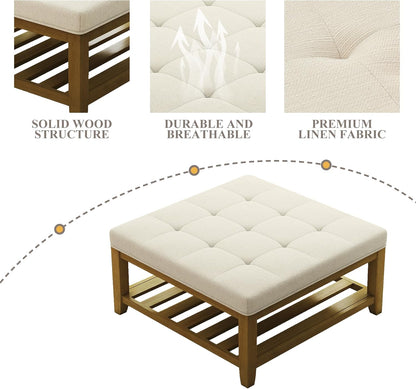 Large Square Ottoman Coffee Table, Linen Solid Upholstered Footrest Ottoman with Solid Wood Shelf