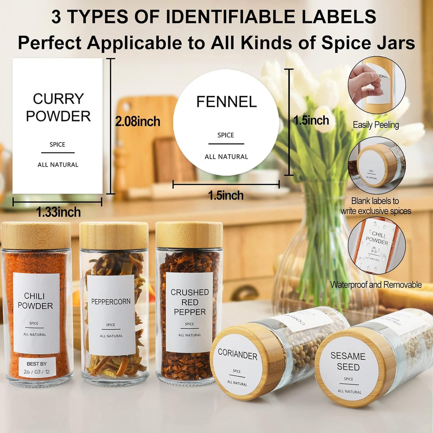 AISIPRIN Glass Spice Jars with 398 Labels-4oz 24 Pcs,Round Seasoning Jars with Bamboo Airtight