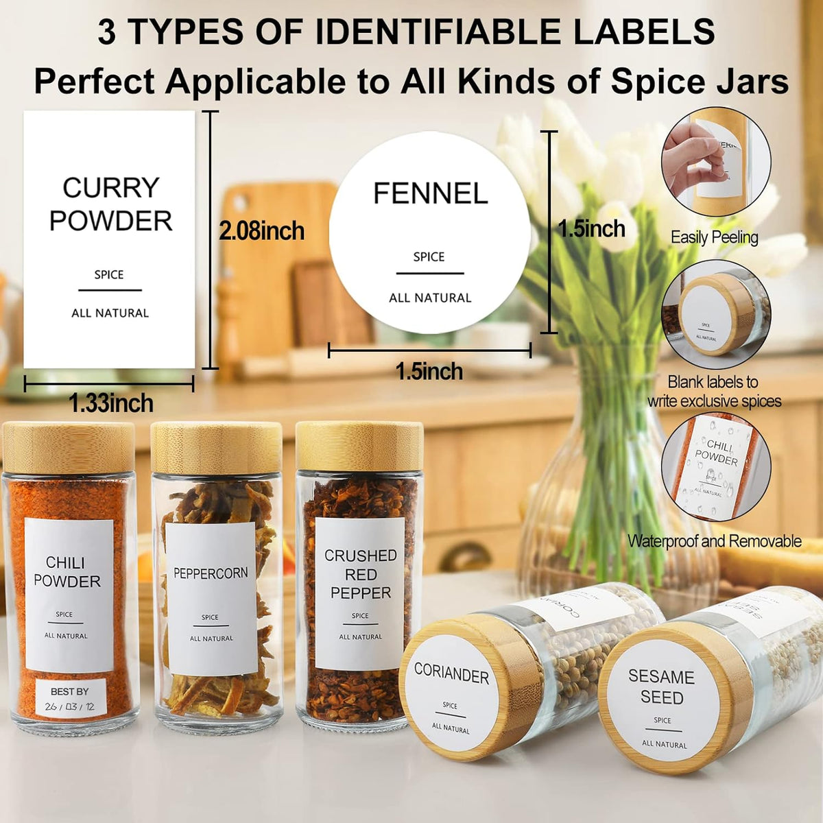 AISIPRIN Glass Spice Jars with 398 Labels-4oz 24 Pcs,Round Seasoning Jars with Bamboo Airtight