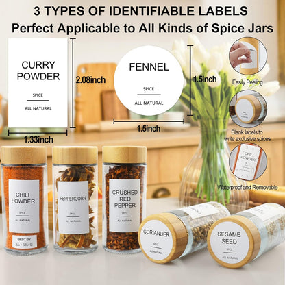 AISIPRIN Glass Spice Jars with 398 Labels-4oz 24 Pcs,Round Seasoning Jars with Bamboo Airtight