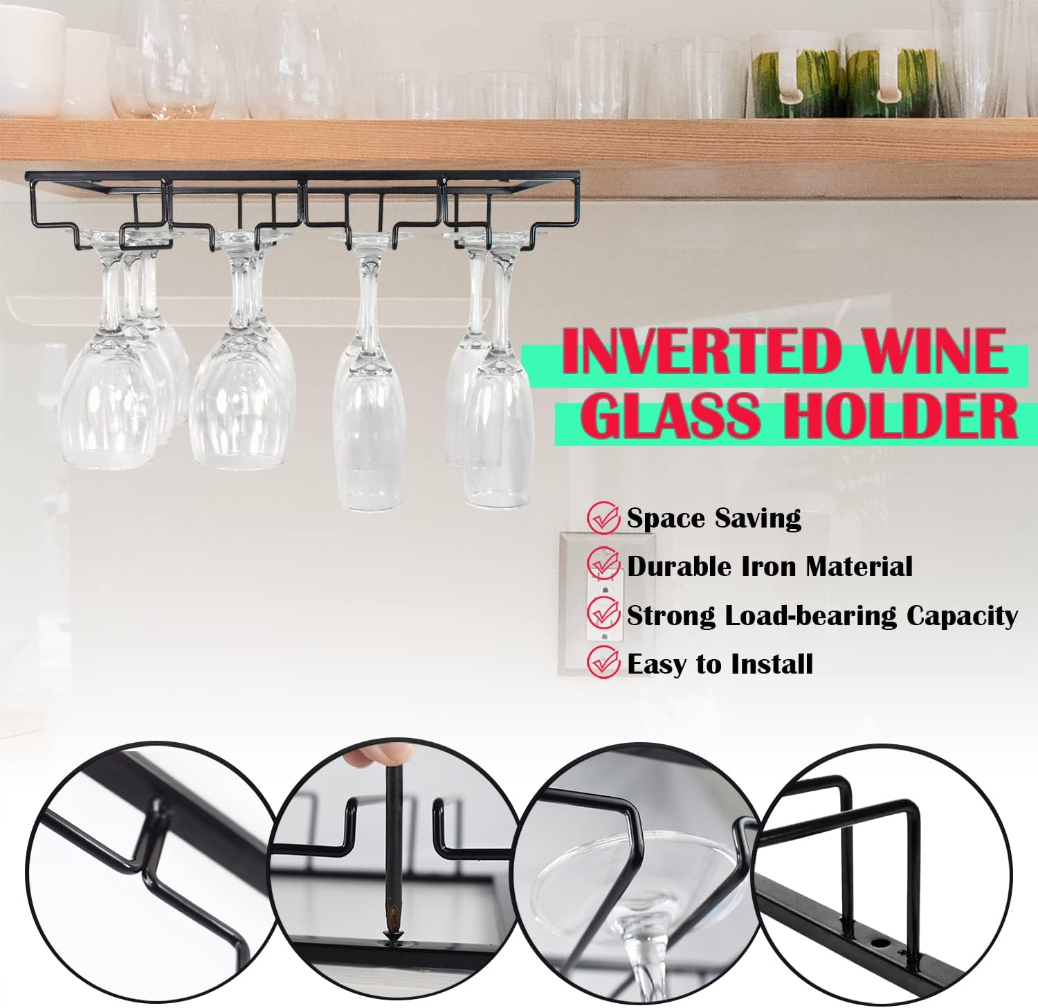 4 Rows Wine Glass Rack Under Cabinet Hanging Stemware Wine Glass Holder Under Shelf, 2 Packs Wire