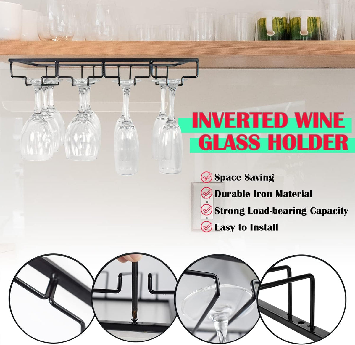 4 Rows Wine Glass Rack Under Cabinet Hanging Stemware Wine Glass Holder Under Shelf Wire Wine