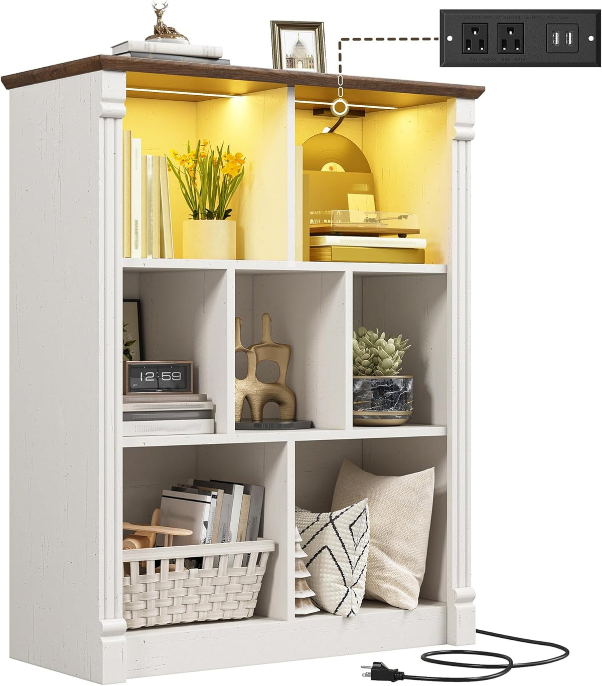 EnHomee 7 Cube Storage Organizer with LED Light and Charging Station Wood Cube Shelf White