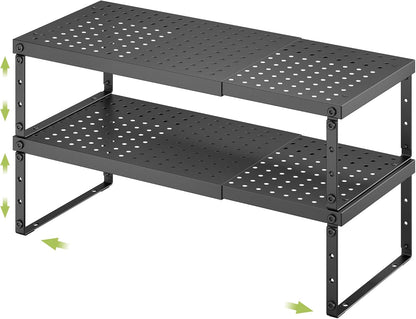 Expandable Cabinet Organizer Shelf With Adjustable Height, Stackable Kitchen Countertop Organizer