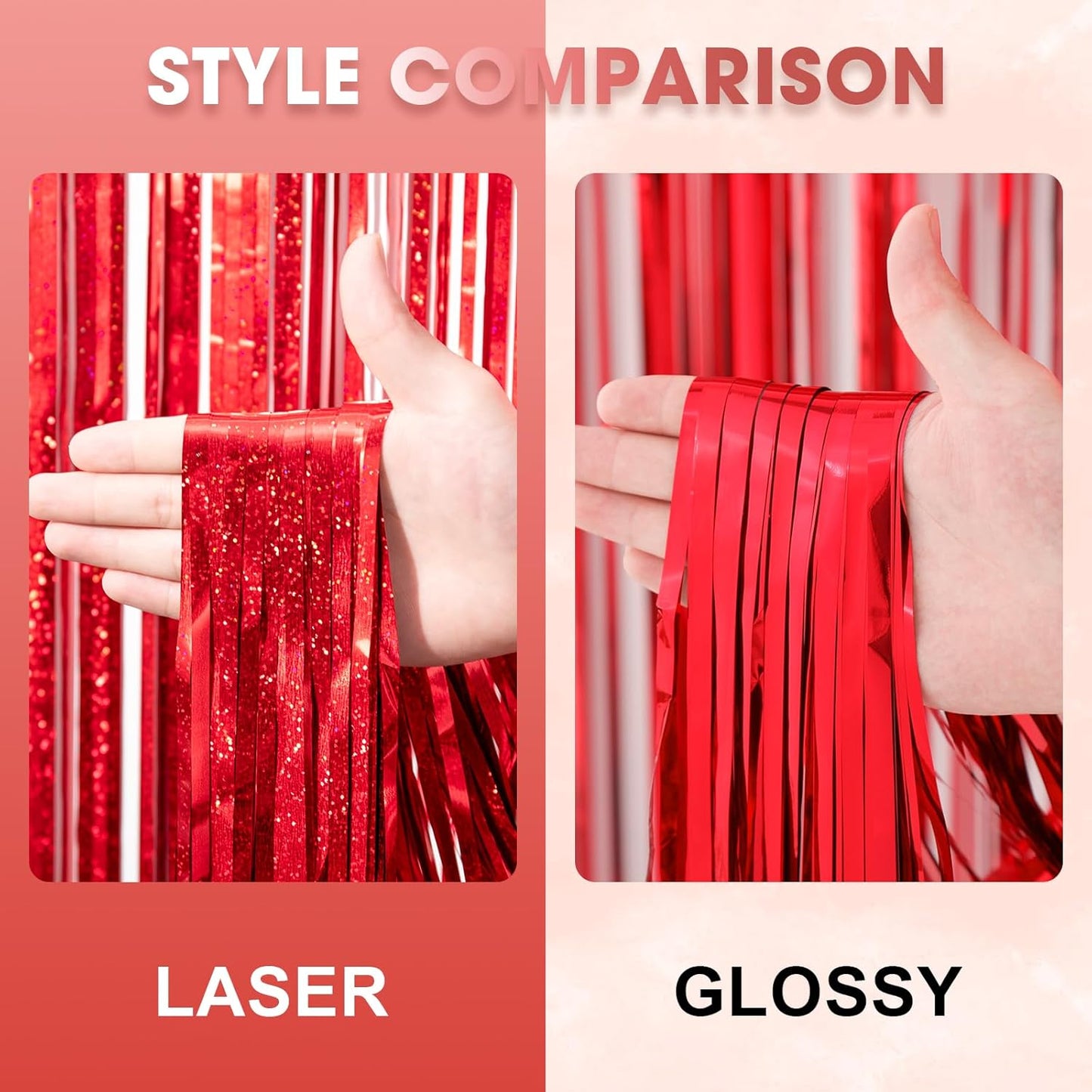 3 Pack 3.3 x 8.2 ft Laser Red Foil Fringe Backdrop Curtains, Tinsel Streamers Birthday Party