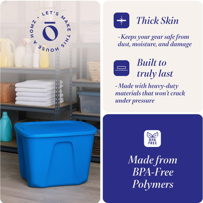 HOMZ 4-Pack Durable Molded Bin, Plastic Storage Containers w/Lids, 10 Gallon, Blue - Stackable