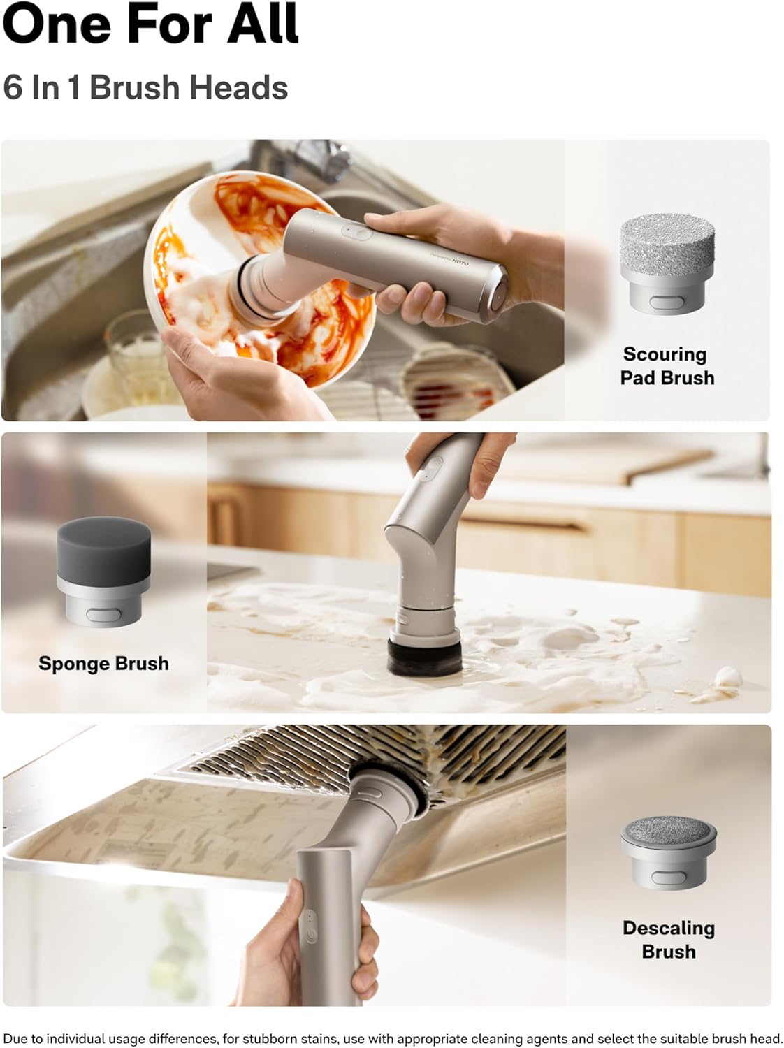 HOTO Cordless Electric Spin Scrubber, IPX7 Full Body Waterproof Dish Scrubber Brush, Bathroom
