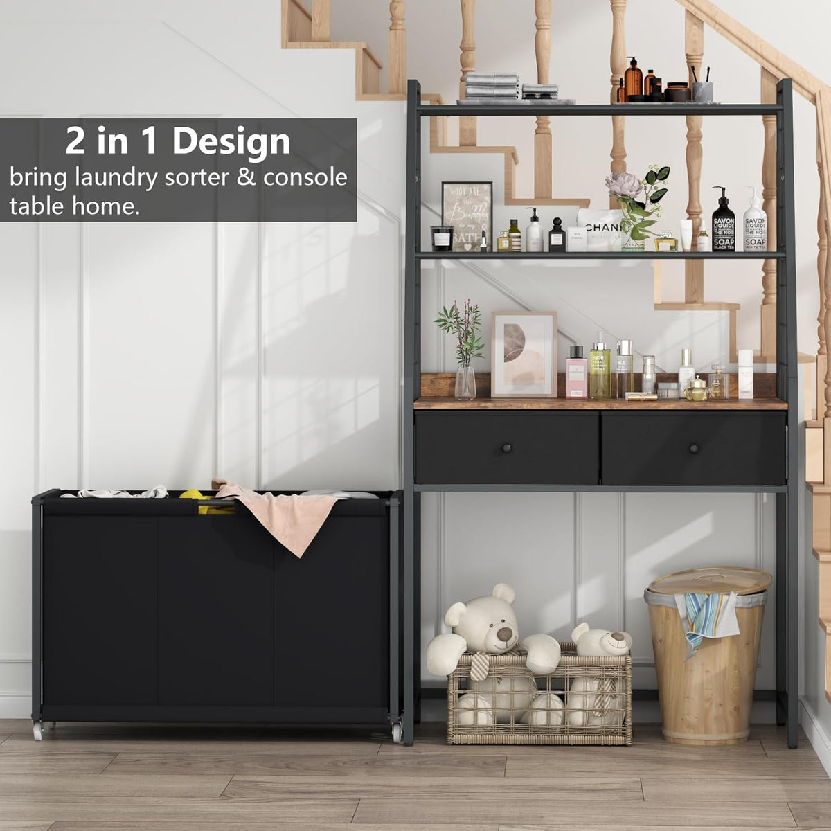 Laundry Hamper Laundry Basket with 3 Section Pull-Out Rolling Bags & 2-Tier Storage Shelf, Laundry