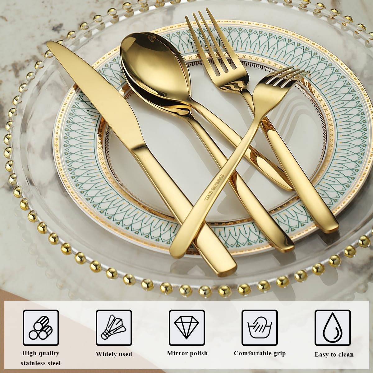 Berglander Gold Silverware Set 60pcs Service for 12, Golden Titanium Plating Stainless Steel