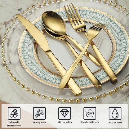 Berglander Gold Silverware Set 60pcs Service for 12, Golden Titanium Plating Stainless Steel