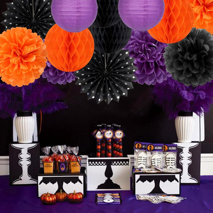 Black Orange Purple Halloween Party-Decorations - 14pcs Kits Paper Lanterns Fan,Tissue Flower Pom