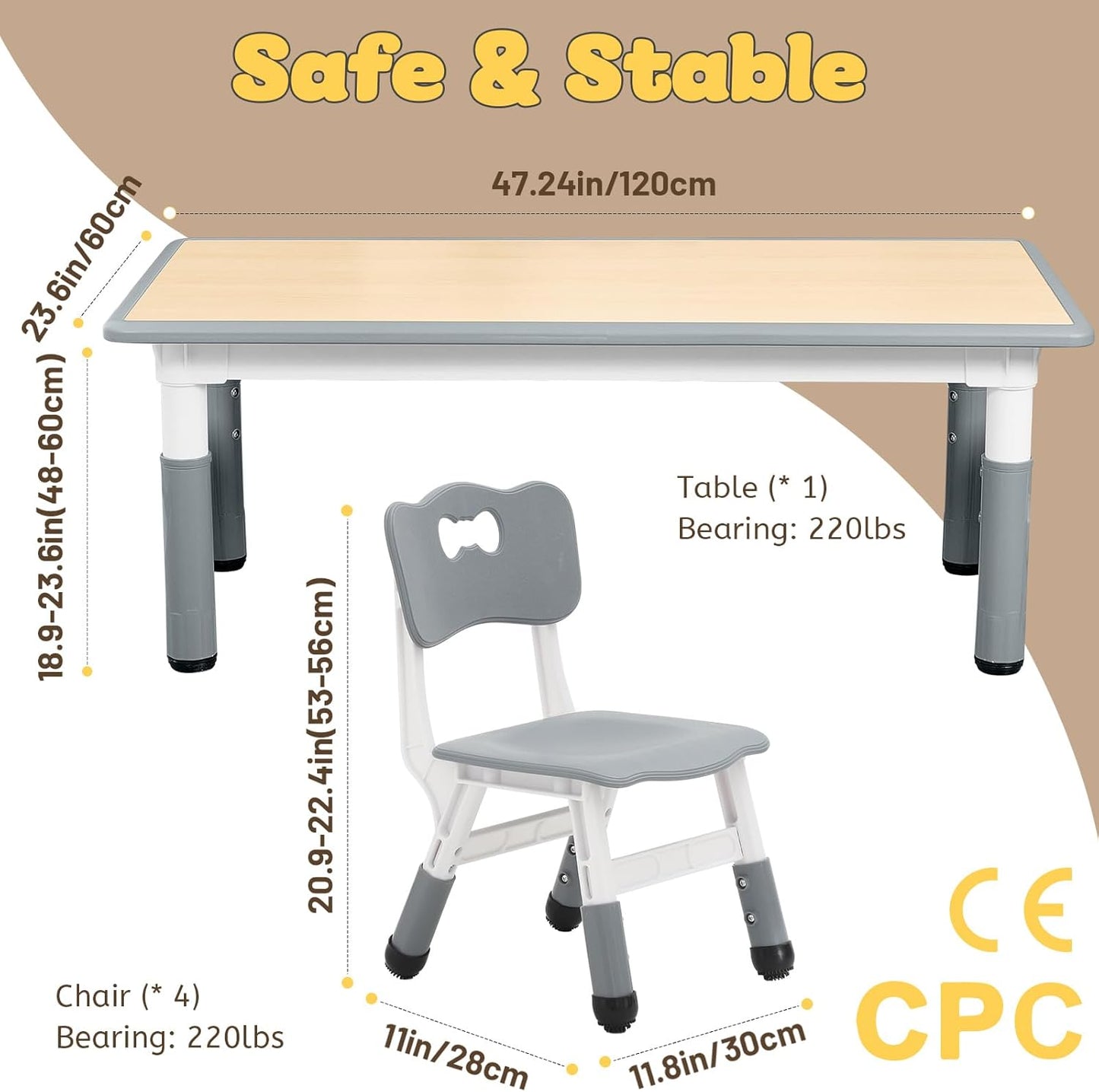 FUNLIO Kids Table and 4 Chairs Set for Ages 3-8, Height Adjustable Toddler Table and Chair Set