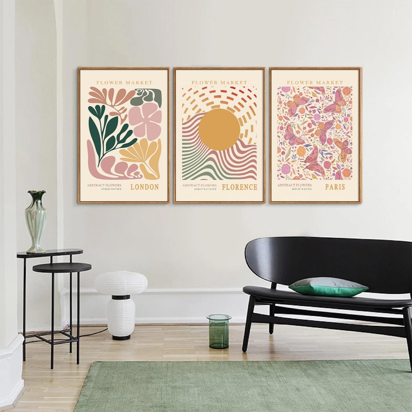 Tinonedraw Boho Flower Market Framed Canvas Wall Art Set, Pink Beige Cute Butterfly Wall Decor