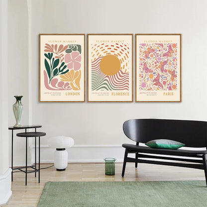 Tinonedraw Boho Flower Market Framed Canvas Wall Art Set, Pink Beige Cute Butterfly Wall Decor