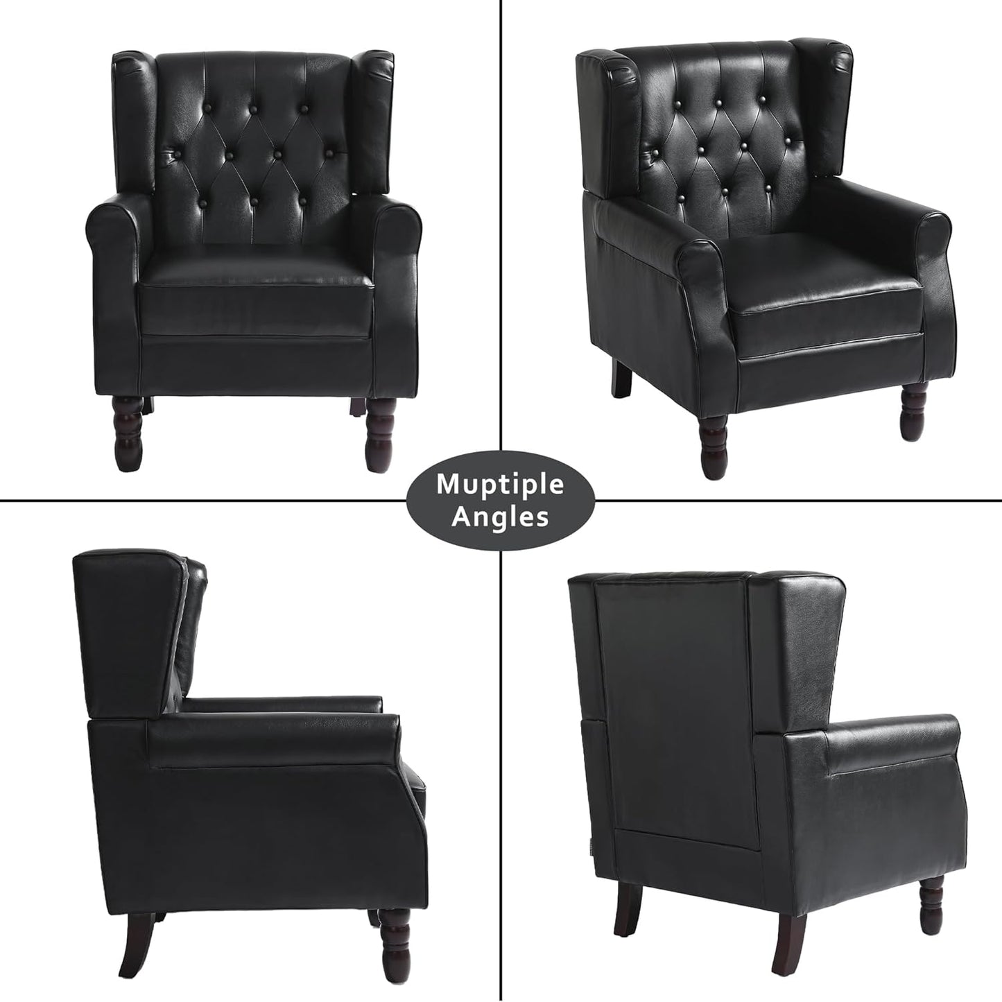 High Back Accent Chairs Set of 2,Upholstered Faux Leather Wingback Armchairs with Solid Wood Legs