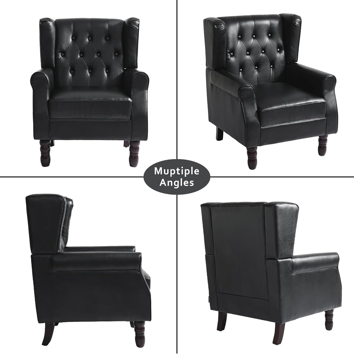 High Back Accent Chairs Set of 2,Upholstered Faux Leather Wingback Armchairs with Solid Wood Legs