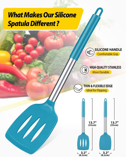 Pack of 2 Silicone Solid Turner, Non Stick Slotted Kitchen Spatulas, High Heat Resistant BPA Free
