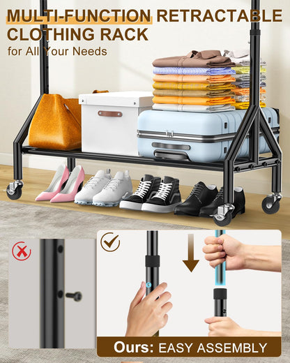 Fybee Heavy Duty Clothes Rack Load 520LBS, Adjustable Rolling Clothing Rack with Sturdy Wheel