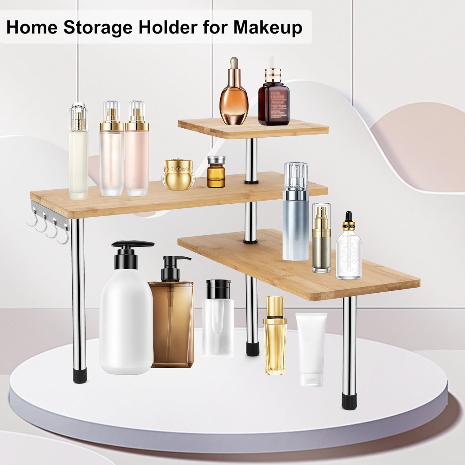 HYNAWIN Corner Shelf, 3 Tier Bamboo & Metal Storage Spice Rack-Desk, Space Saving Bookshelf with