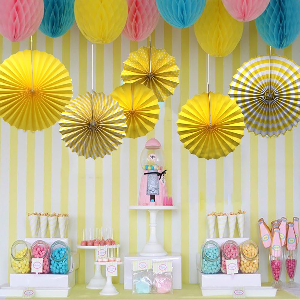 ADLKGG Party Hanging Paper Fans Set, Yellow Round Pattern Paper Garlands Decoration for Birthday