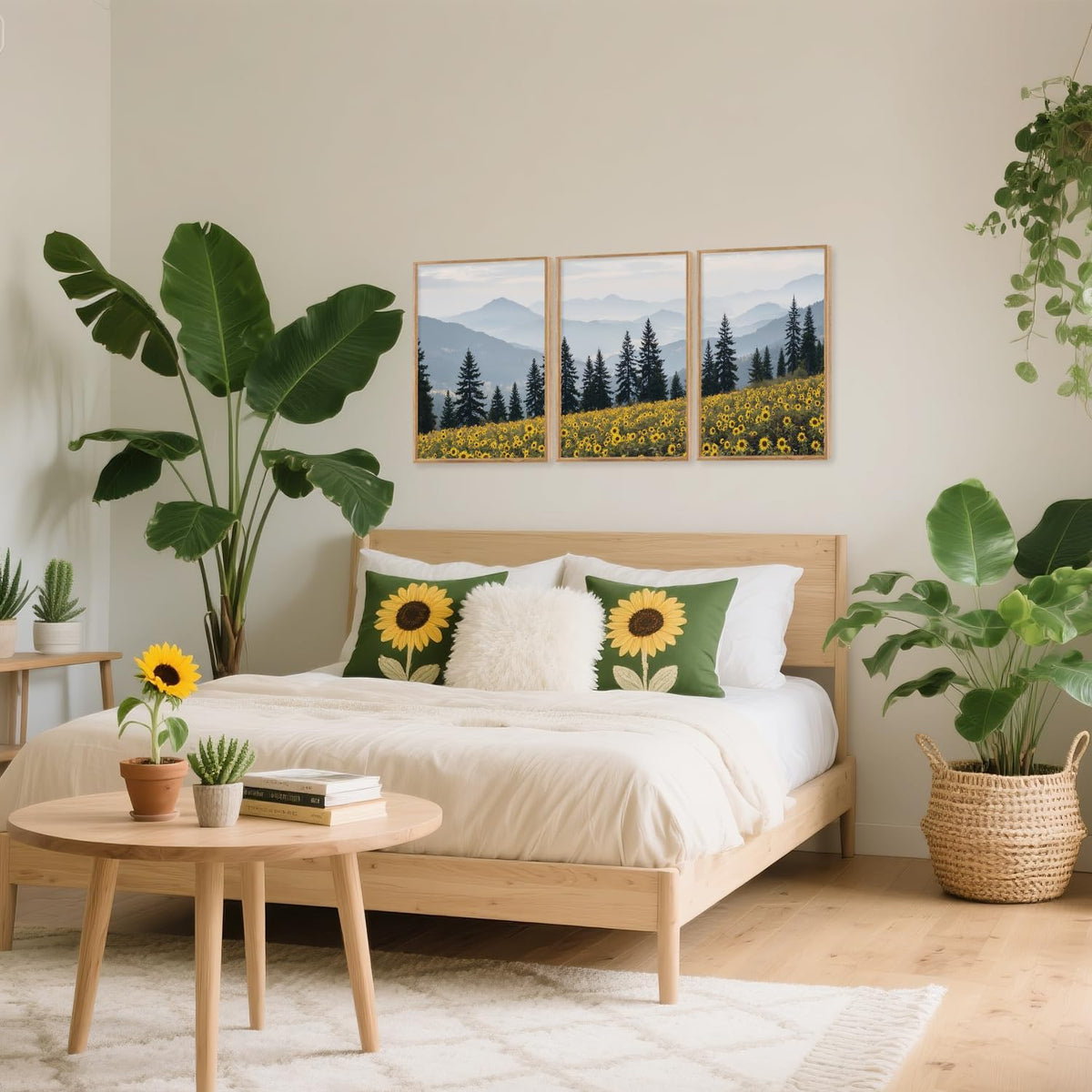 HPINUB Boho Sunflowers Landscape Framed Canvas Wall Art Set,Nature Pine Tree Wall Decor,Abstract
