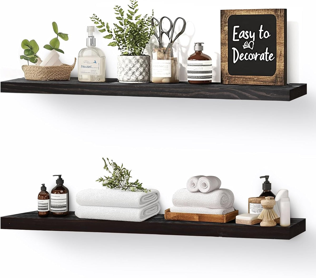 Floating Wall Shelves 2-Pack - 24-Inch Rustic Black Wooden Shelves for Storage and Décor, Easy