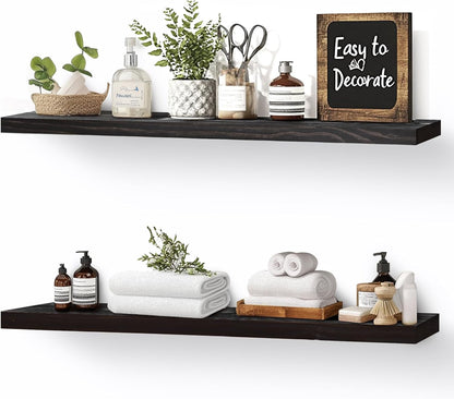 Floating Wall Shelves 2-Pack - 24-Inch Rustic Black Wooden Shelves for Storage and Décor, Easy
